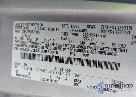 2016 Ford Escape Se from USA, damaged, VIN 1FMCU0G93GUB89618